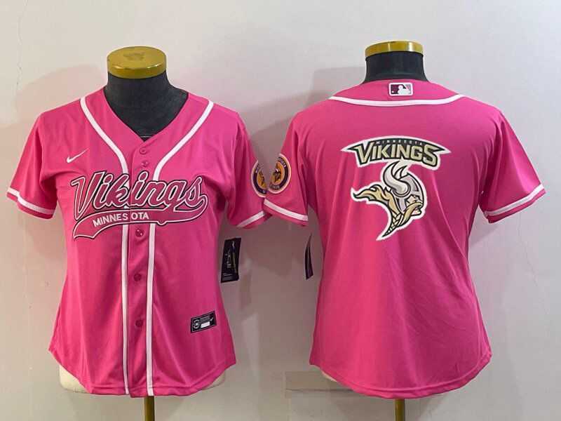 Women%27s Minnesota Vikings Pink Team Big Logo With Patch Cool Base Stitched Baseball Jersey
